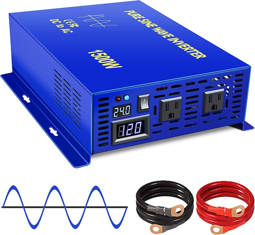 XYZ INVT 1500W Power Inverter Pure Sine Wave Inverter 24V DC to 110V 120V AC with LED Display Dual AC Outlets for Car RV Truck Boat (1500W24V)